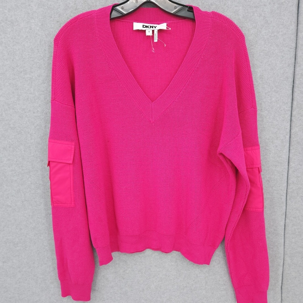 DKNY Cargo V Neck Long Sleeve Pocket Pink Pullover Sweater‎ Womens Size M